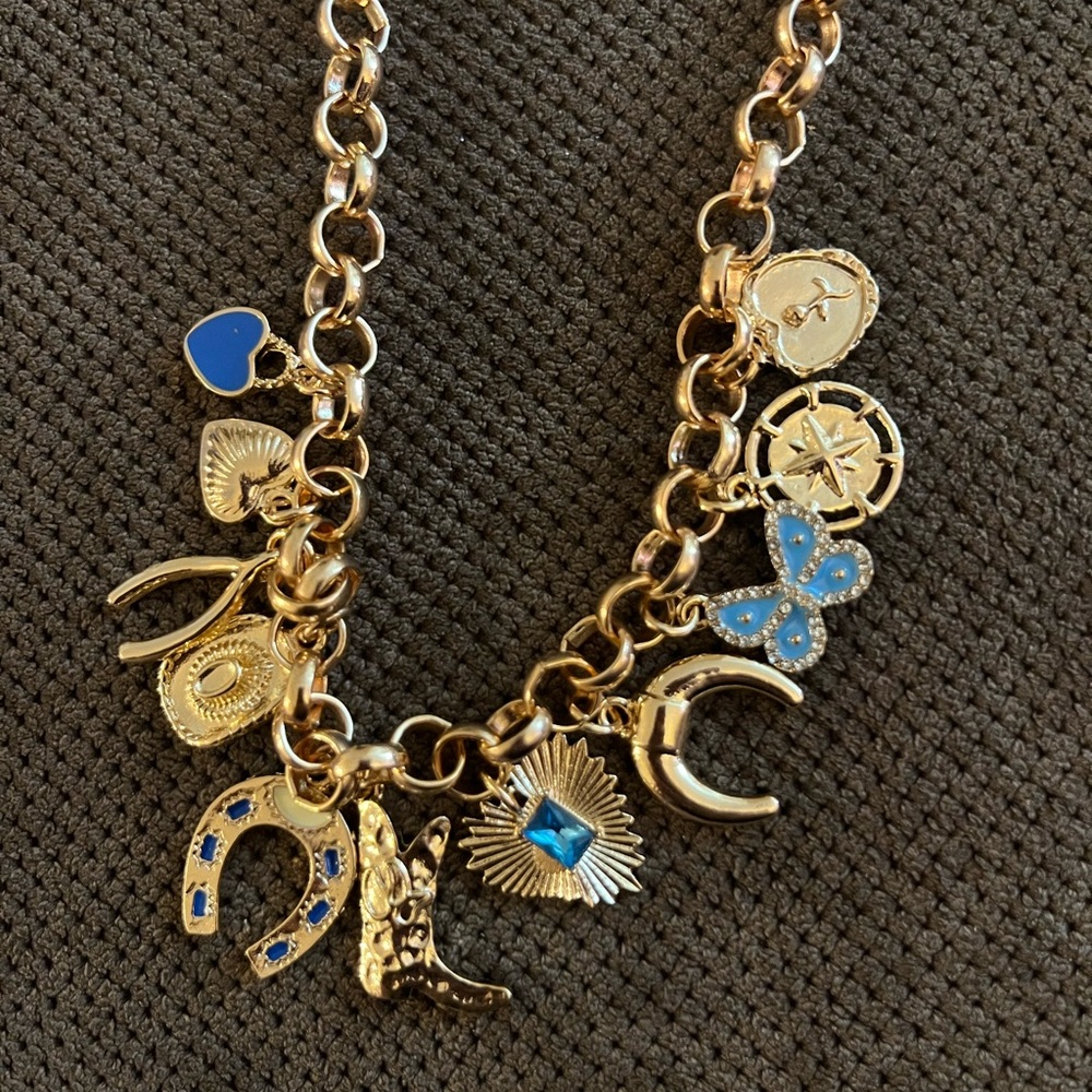 Torrid Country Western Blue and Gold Charm Necklace - Picture 1 of 4